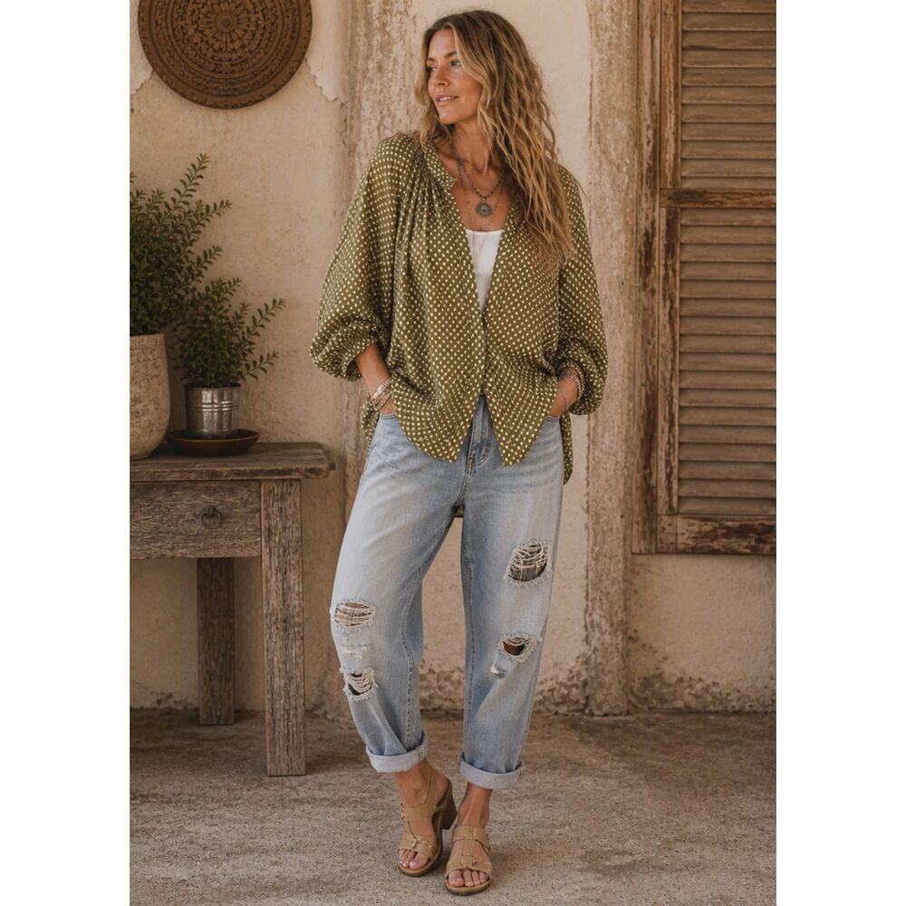 JADED GYPSY O/S NWT sweet nothings top olive dog lagenlook cotton green boho